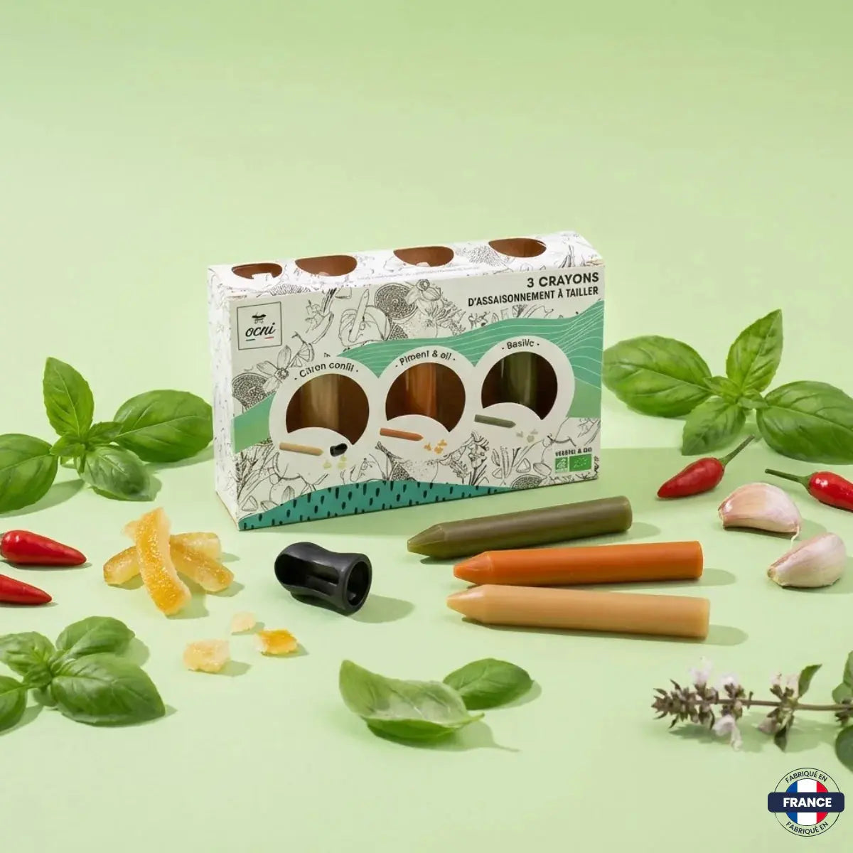 Coffret 3 crayons découverte citron/ piment-ail/ basilic  - Ocni