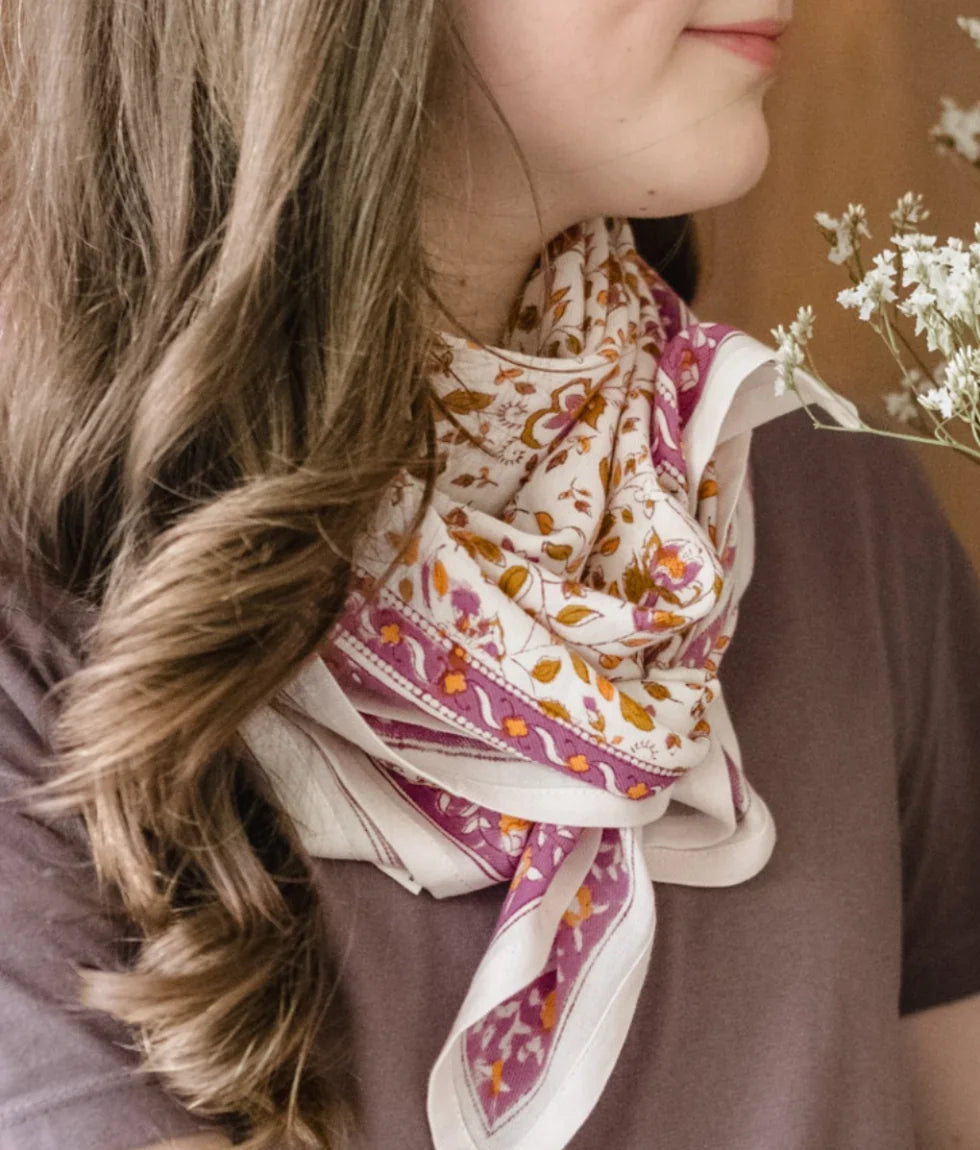 Bindi atelier Foulard coton femme Folk Story Crème – Imprimé bohème Bindi atelier