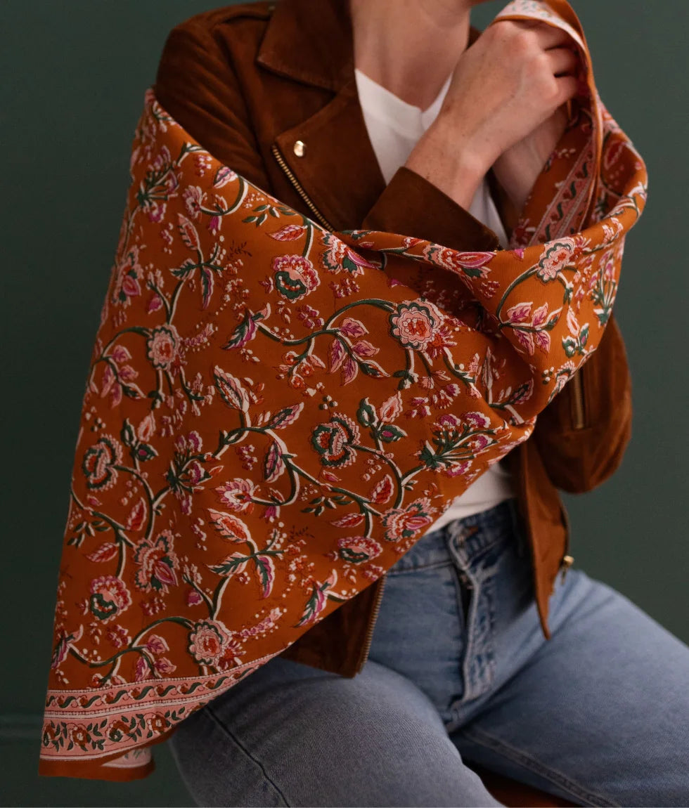 Bindi atelier Foulard coton femme Folk Story Crème – Imprimé bohème Bindi atelier