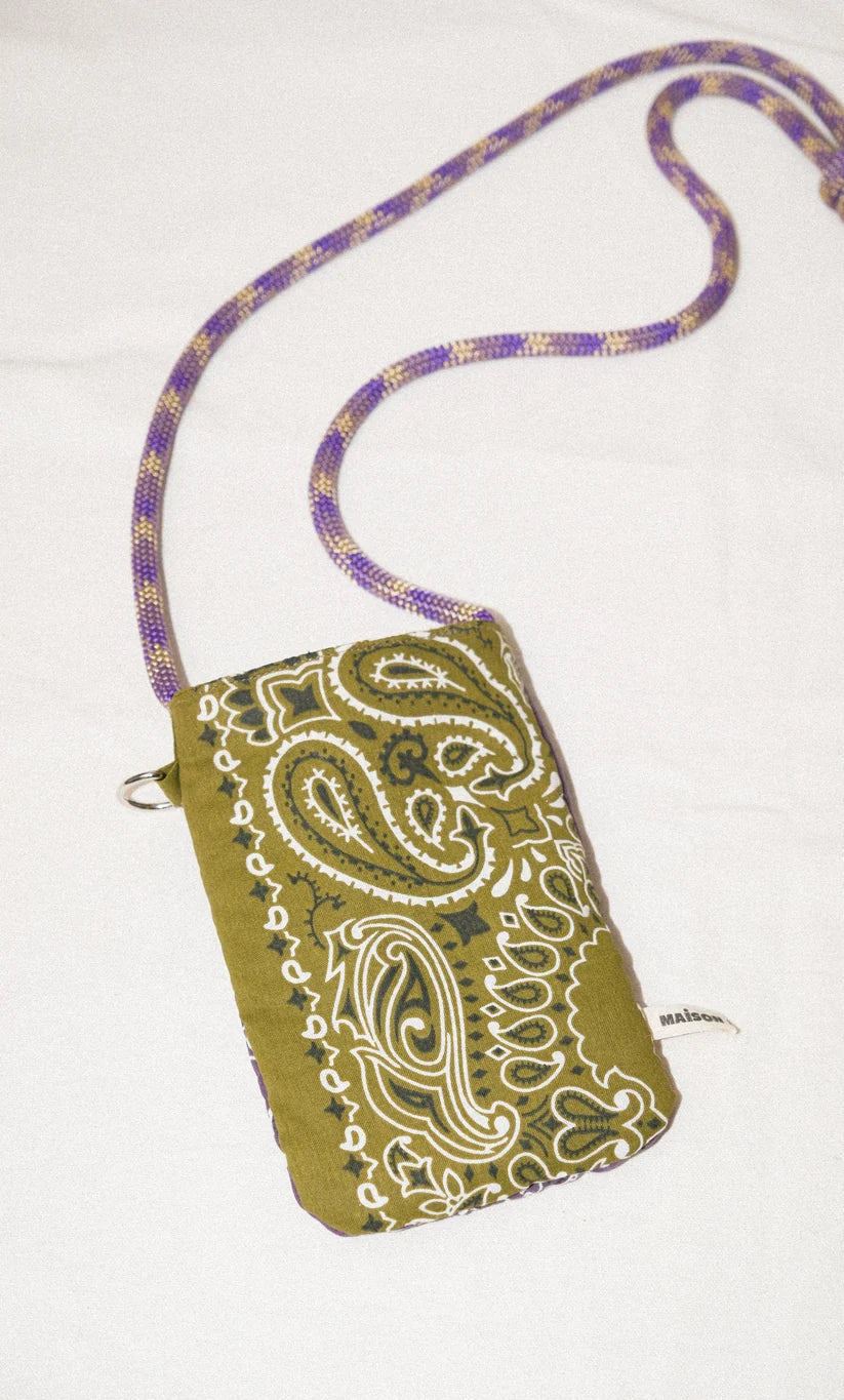 Pochette téléphone vert olive et prune – bandoulière en coton Maison Saussure Maison saussure